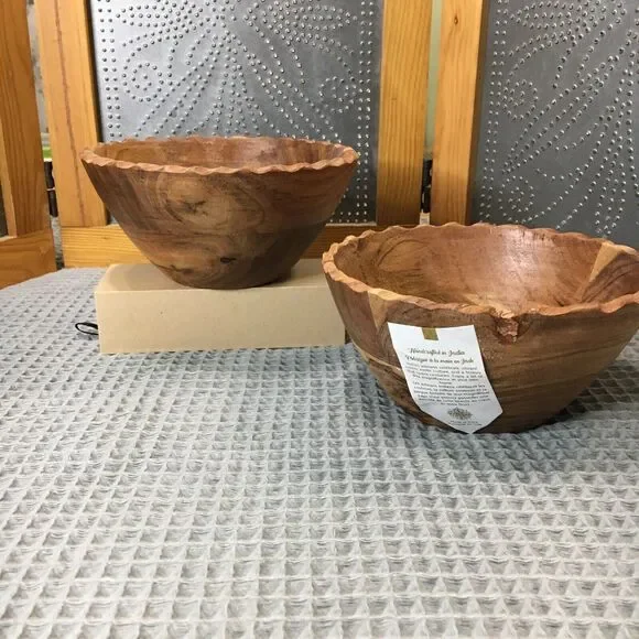 Set of 2 Handcrafted Wooden Bowls 6.5" Small Wood Bowls Artisan Natural Rustic - Picture 2 of 11